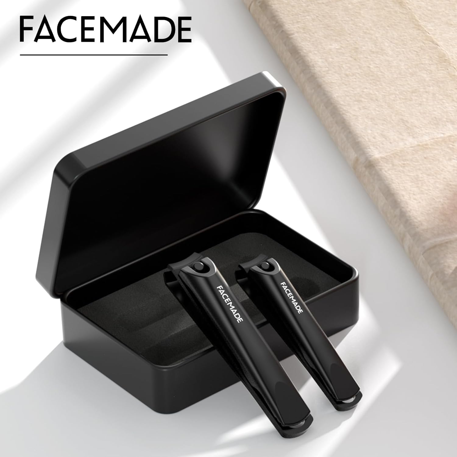FACEMADE Juego de 2 cortaúñas de acero inoxidable afilado de alta calidad con estuche de lata de viaje resistente, kit de manicura profesional para