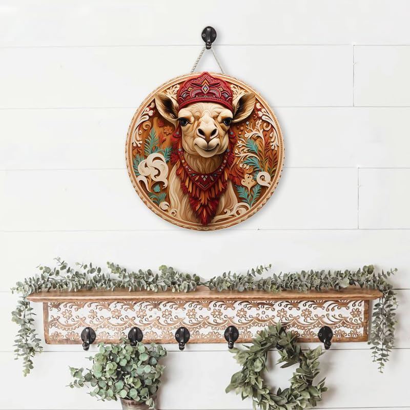 Camel With Christmas Hat Retro Custom Wood Signs for Home Decor, Door Hanger Wood Sign, Hanging Sign Wall