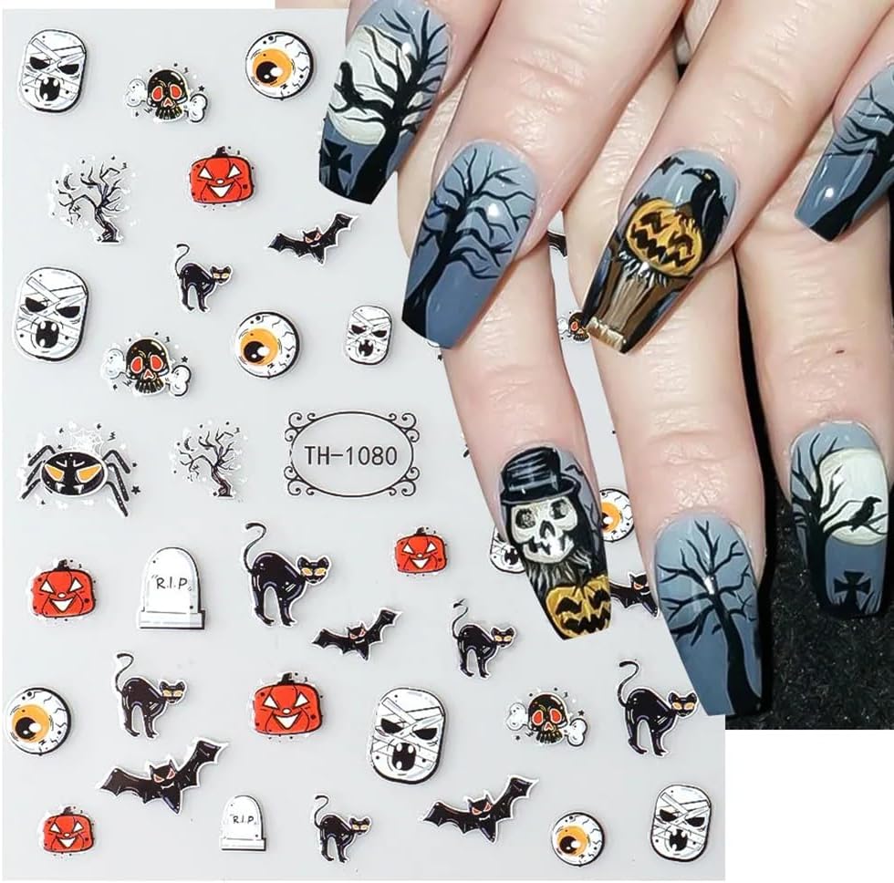 Calcomanías para uñas de Halloween, 6 hojas de calcomanías de uñas de fantasma, 3D, autoadhesivas, calabaza, murciélago, fantasma, cráneo, araña,