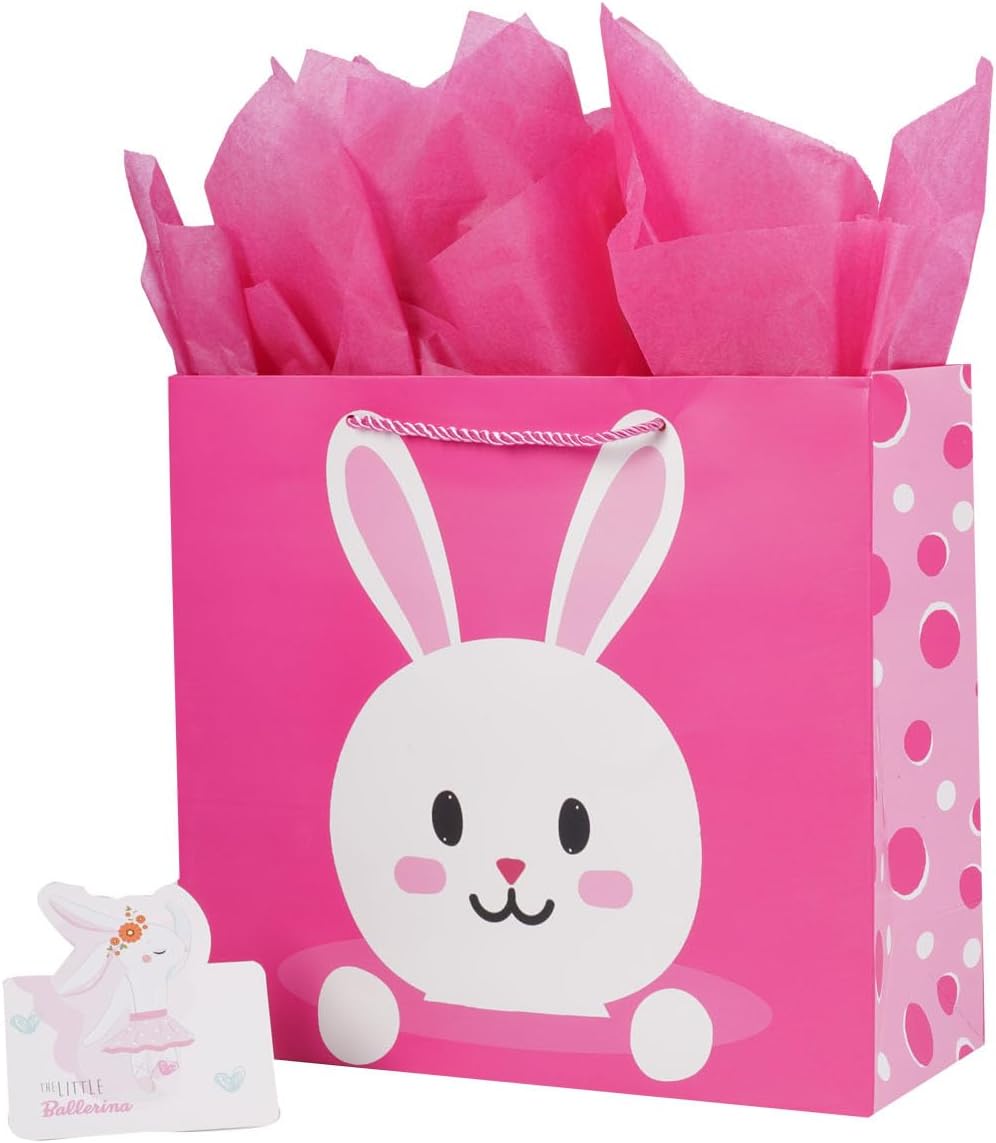 ysmile Bolsa de regalo con papel de envoltura para parrillas, fiesta de cumpleaños infantil, bolsa de papel rosa con asas para baby shower, conejo