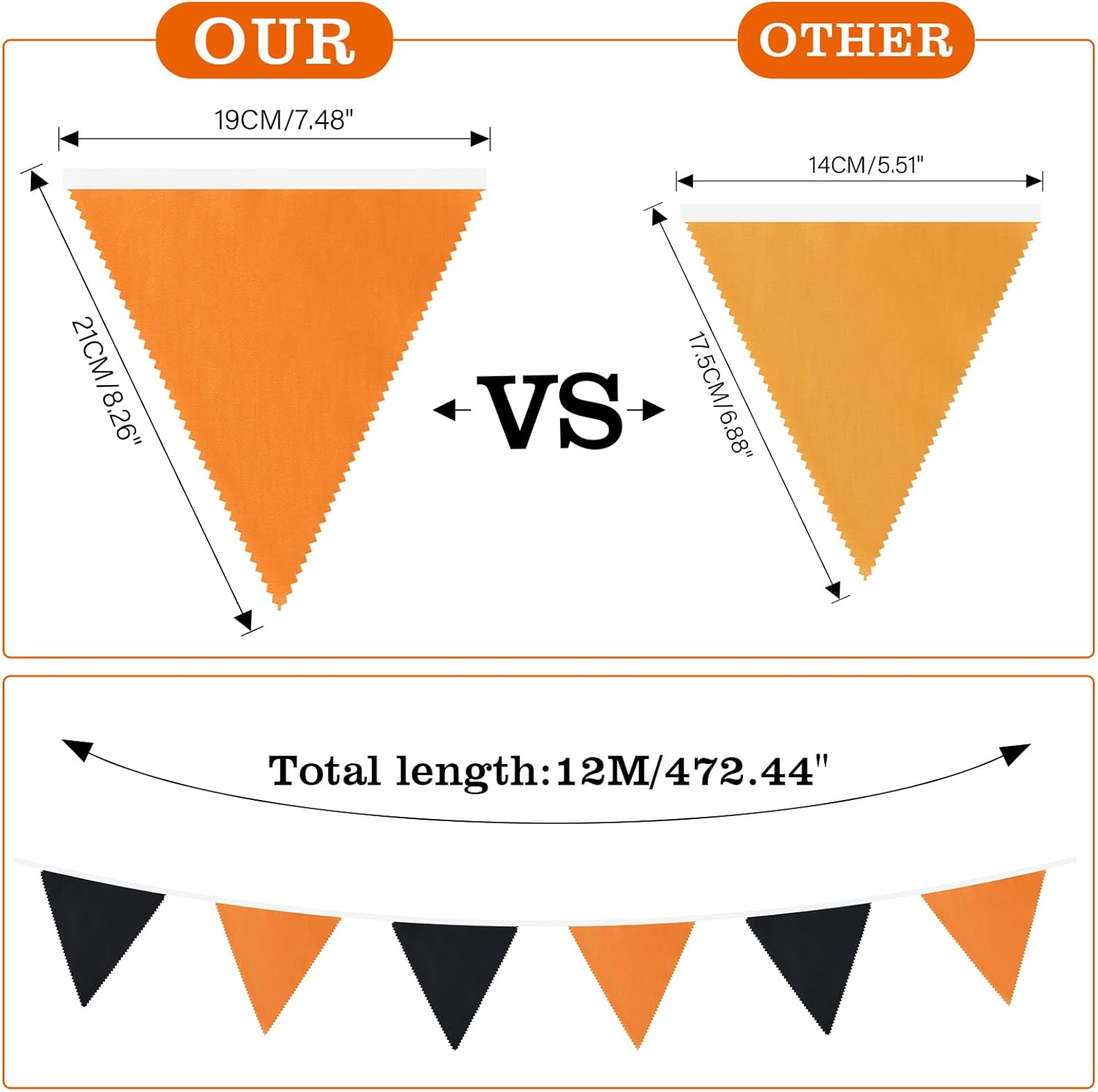 G2PLUS Cadena de pancarta para decoración de fiestas, bandera triangular naranja y negra de 39 pies, guirnalda de banderines de algodón, banderas