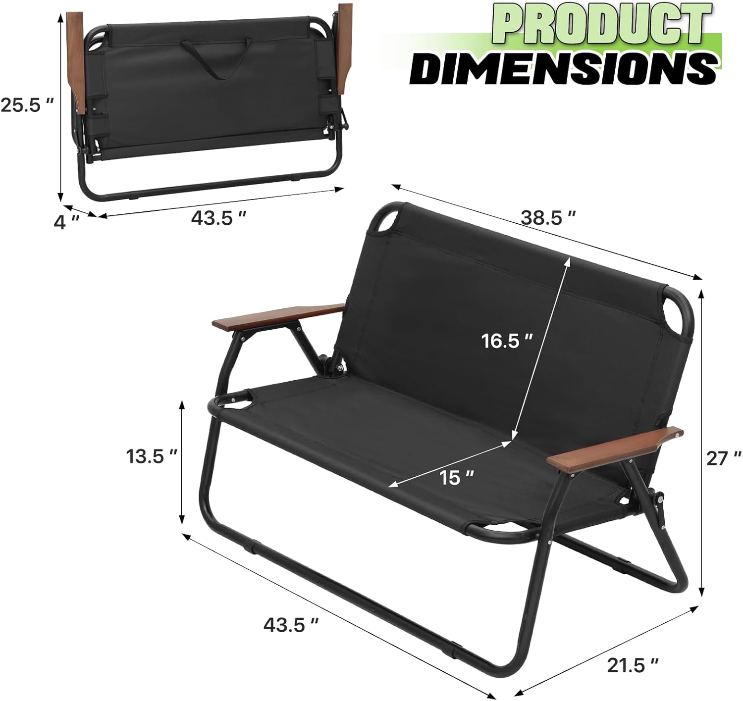 Magshion Silla de campamento de doble asiento de 39 pulgadas, soporta 330 libras para adultos, silla plegable de alta resistencia para 2 personas,