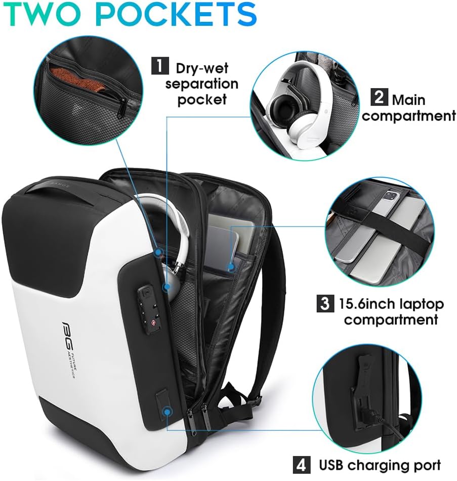 BANGE Mochila antirrobo con puerto de carga USB, mochila de negocios ligera para hombres y mujeres.., Blanco (dos bolsillos para el trabajo),