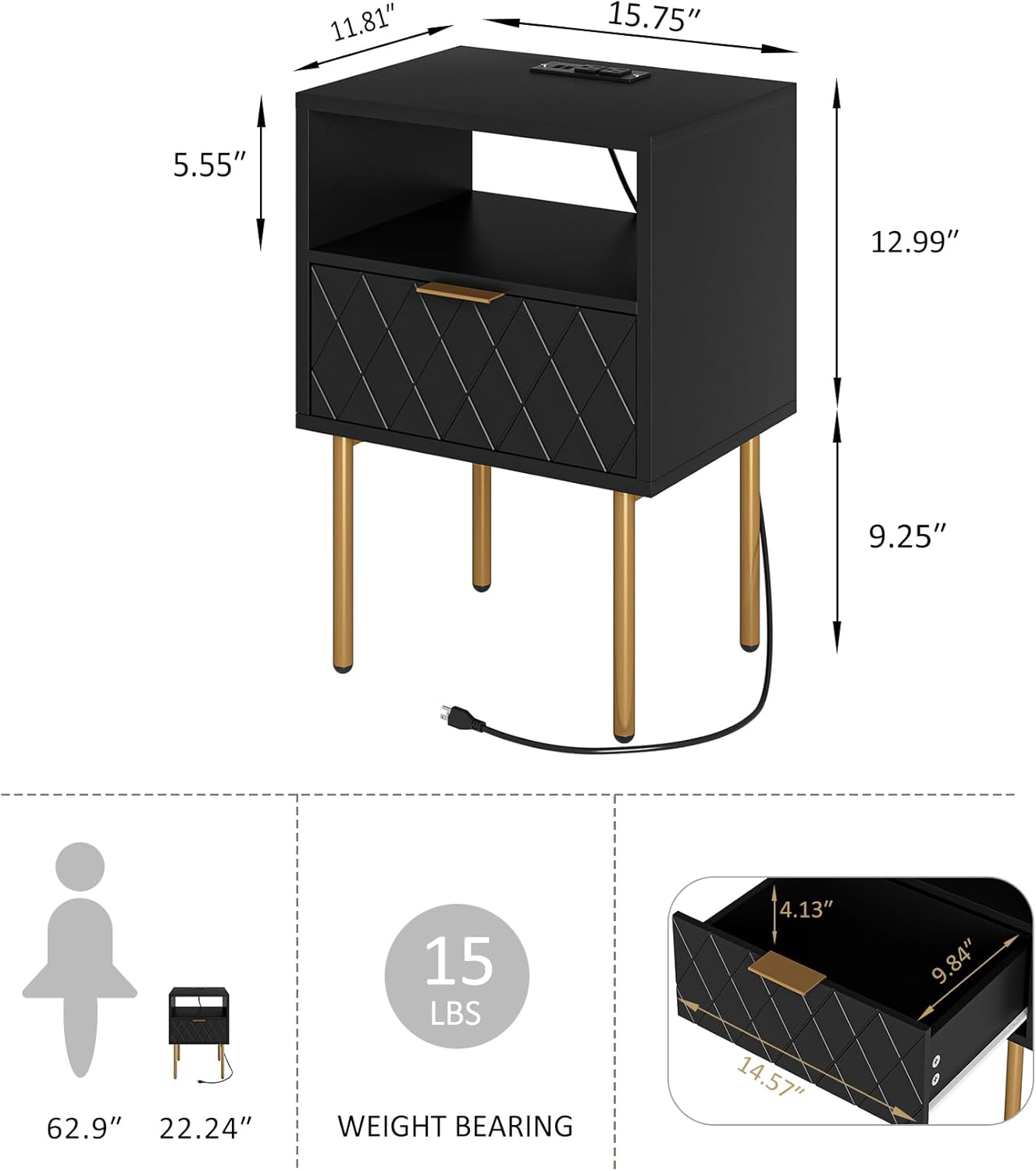 Mesita de noche con estación de carga, mesita de noche pequeña con dos cajones, mesita de noche negra, mesa auxiliar con marco dorado, muebles de
