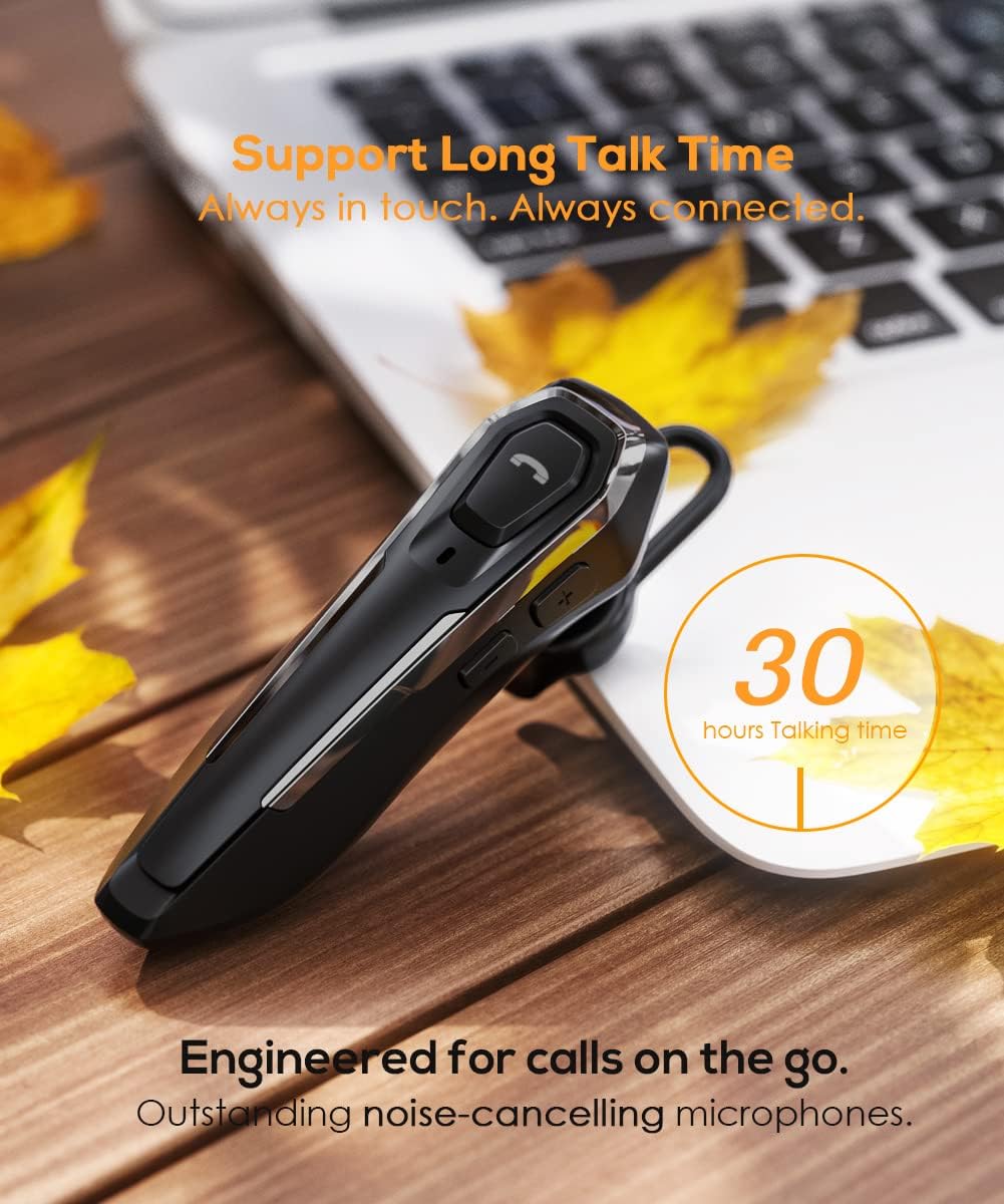 ZOUKAI Auriculares Bluetooth, cancelación de ruido con 2 micrófonos, 30 horas de tiempo de conversación, anuncia identificación de llamadas,