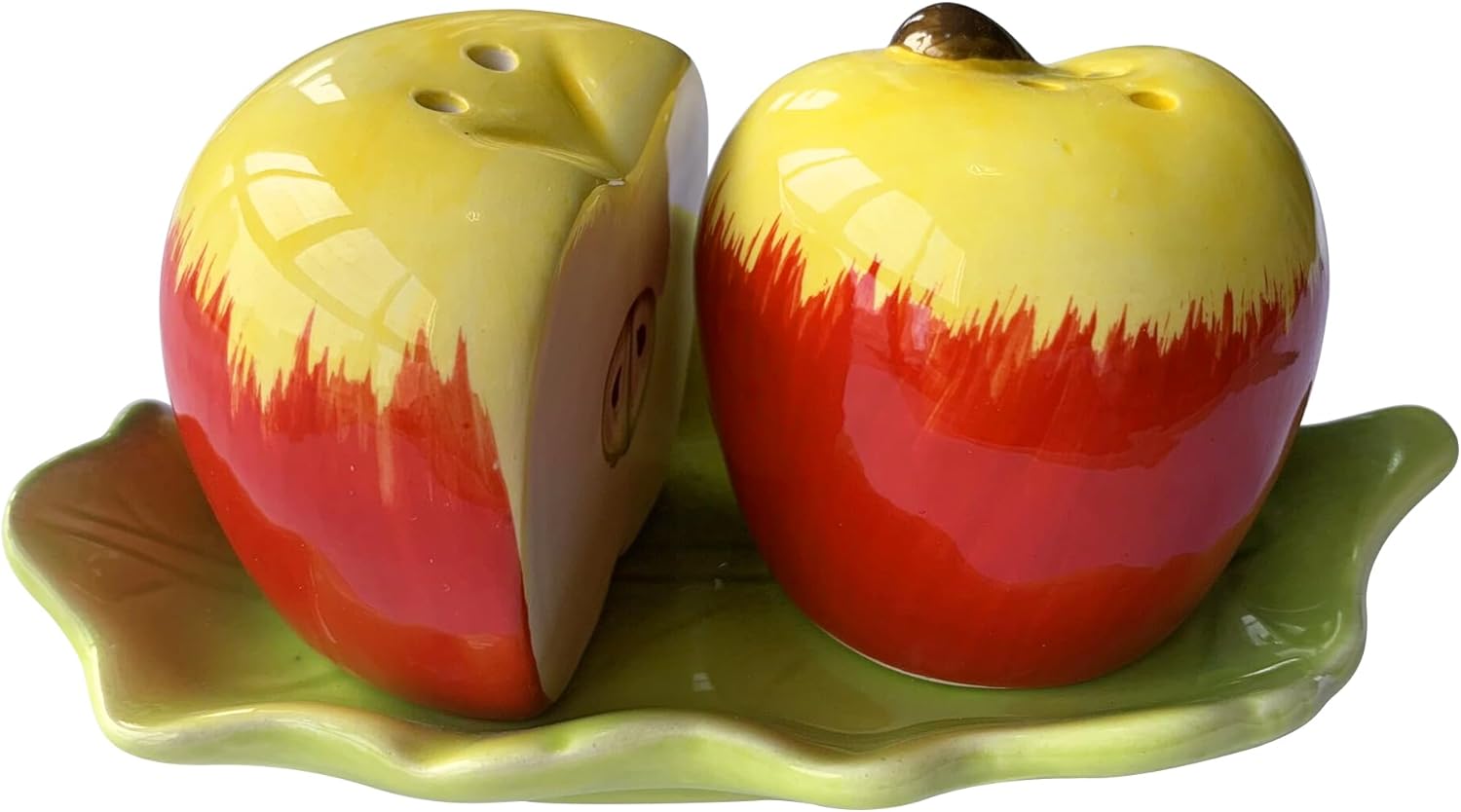 Juego de 2 saleros y pimenteros de frutas de cerámica, recipientes de almacenamiento para dispensadores de especias, manzana