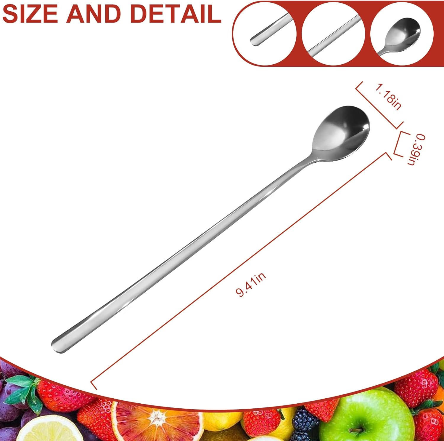 Cuchara de mango largo (2023) Cuchara de té helado plateada, cuchara de café de acero inoxidable de 9.41 pulgadas, cuchara agitadora de cóctel,
