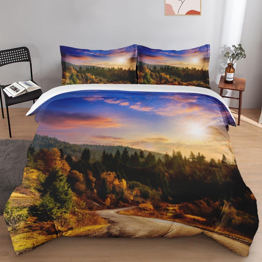 Juego de funda de edredón, juego de ropa de cama verde montaña otoñal para decoración de dormitorio de niños y adultos, juego de funda de edredón de