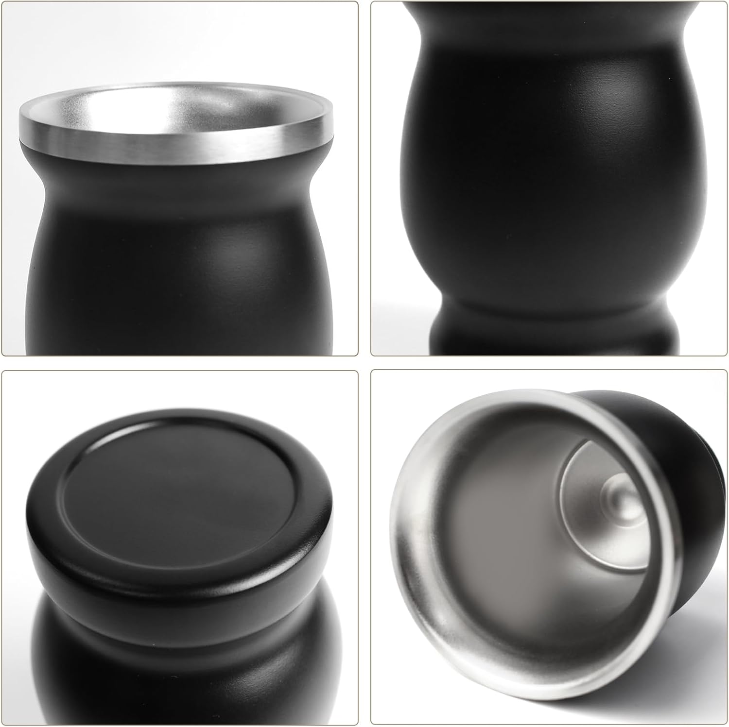 Artcome Juego de 4 tazas de yerba mate de acero inoxidable  1 taza mate de acero inoxidable de doble pared de 8.5 onzas (negro), 2 bombillas (paja