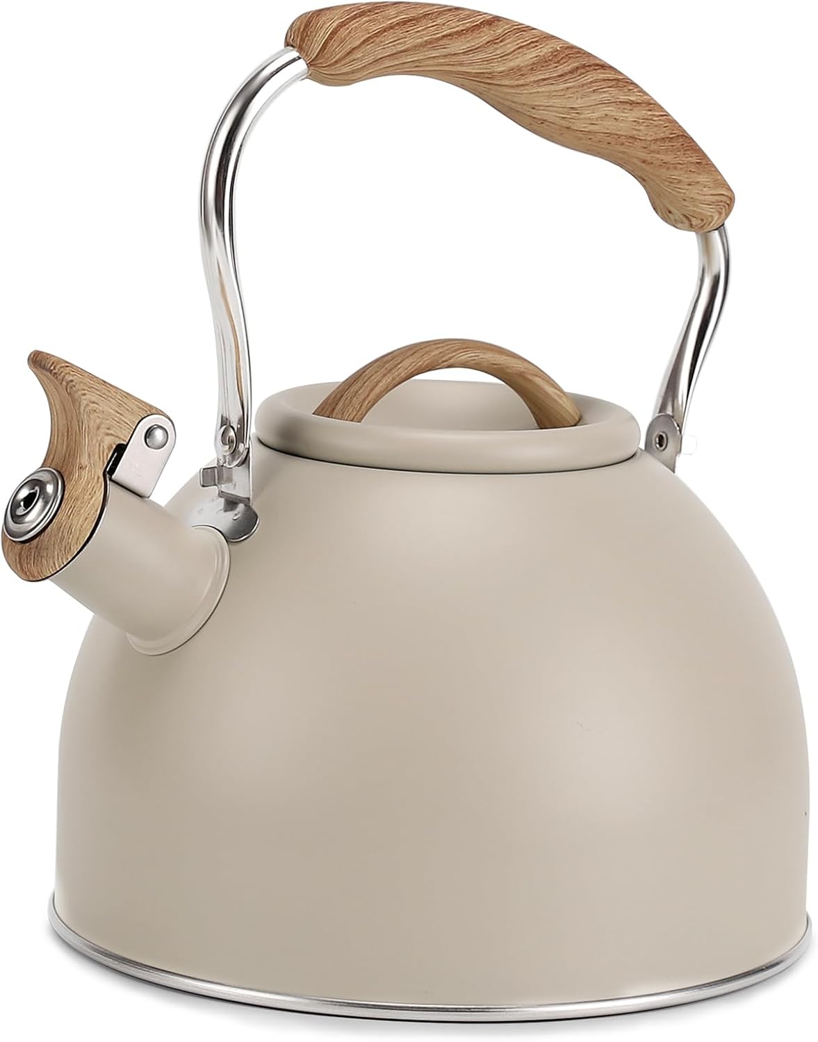 Vegoran – Tetera de 100 onzas  3 litros, tetera para estufa, acero inoxidable de grado alimenticio con mango plegable con patrón de madera, silbato