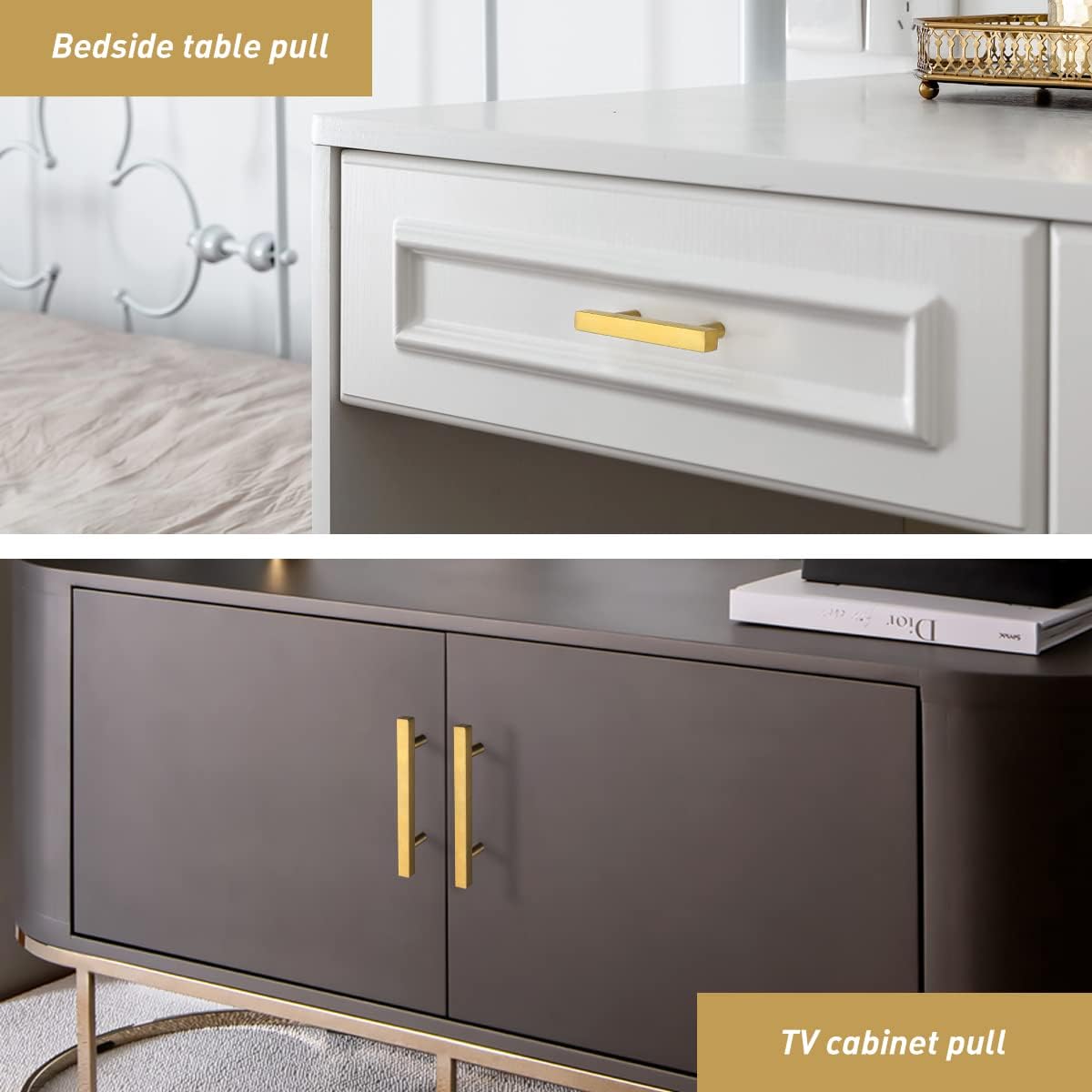 Perillas en forma de T cuadradas, latón, dorado cepillado para cajones, gabinetes, puertas de estantes, Dorado