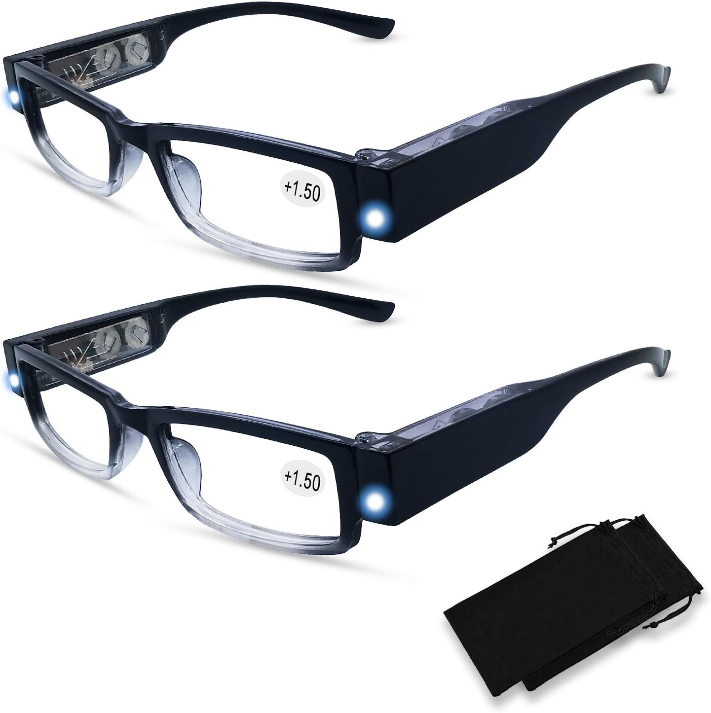 Paquete de 2 lentes de lectura con luces, lectores LED con luces, lupas iluminadas, anteojos de lectura iluminados para hombres y mujeres, anteojos
