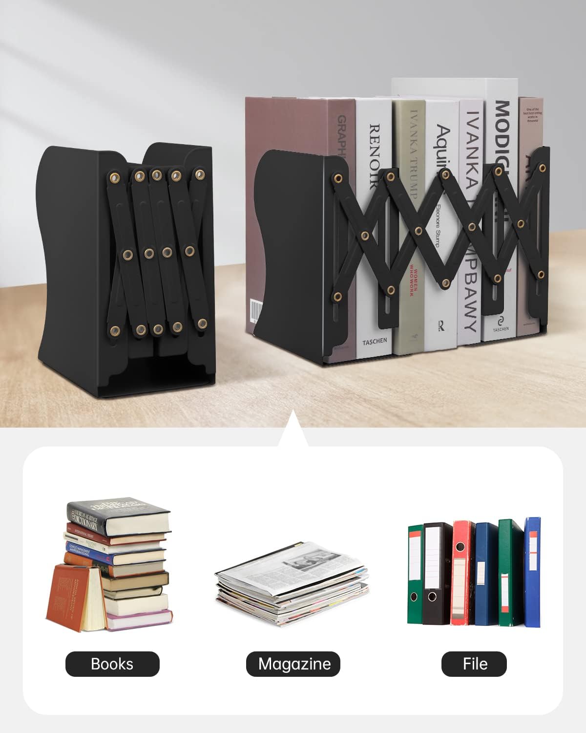 Sujetalibros ajustables, extremos de libros de metal para estantes, libro pesado, organizador de archivos de revistas de escritorio para el hogar,