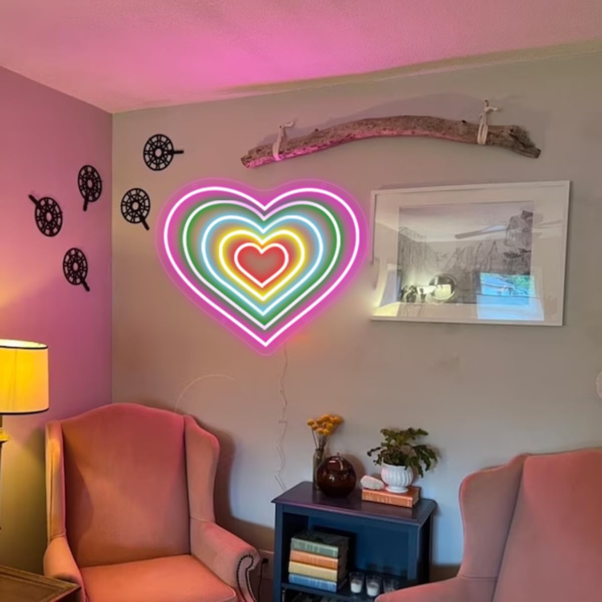 Letrero de luz LED en forma de corazón con forma de corazón para decoración de pared, letrero de luz de neón arcoíris de corazón rosa para