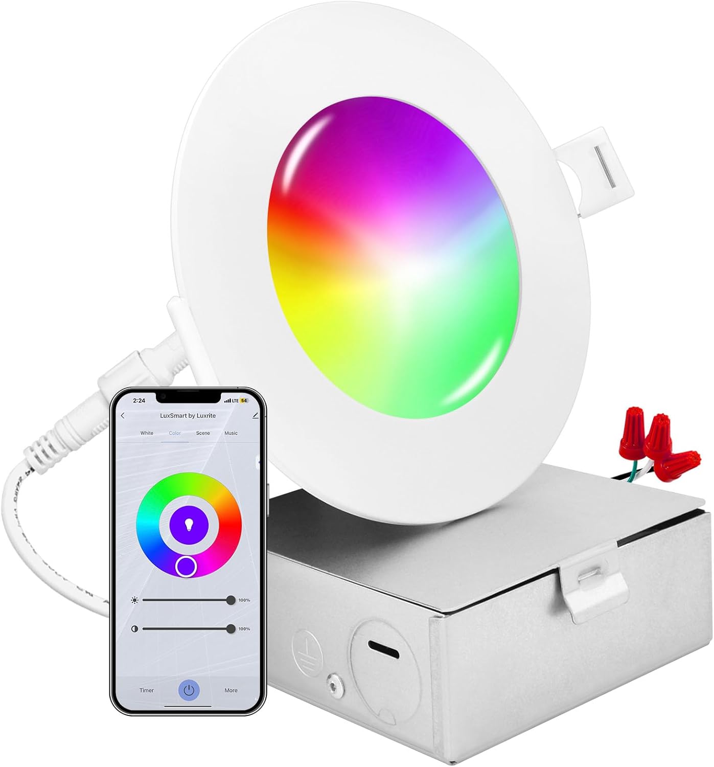 LUXRITE Iluminación empotrable LED inteligente de 4 pulgadas, cambio de color RGBW, aplicación WiFi y control de voz, compatible con Alexa y Google