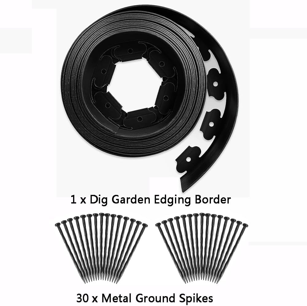 Kit de bordes de plástico sin excavación con 30 picos para jardinería de césped y jardines de flores, 4 pulgadas de alto, 33 pies de longitud (negro)
