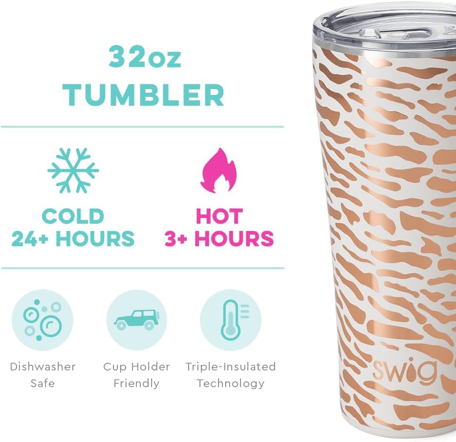 Swig Life Glamazon Rose Mega Set  Taza de viaje de 40 onzas con asa y tapa + vaso con triple aislamiento de 32 onzas con tapa, acero inoxidable,