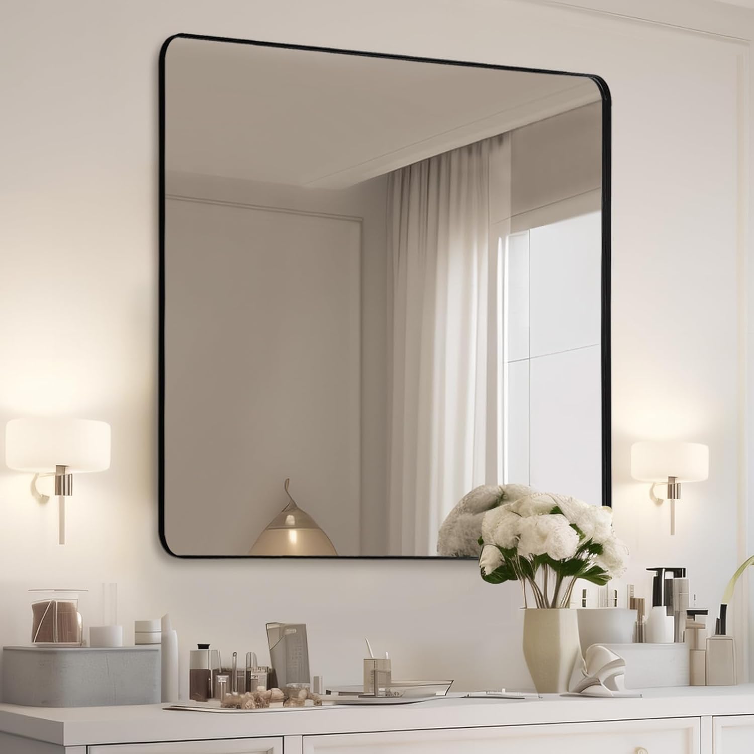 Espejo de baño negro de 36 x 30 pulgadas, espejo de pared negro, espejo de tocador de baño negro mate con esquina redondeada, inastillable
