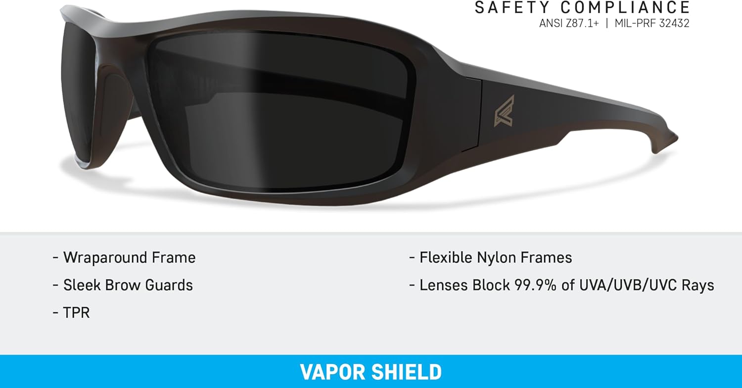 EDGE Brazeau Safety Glasses, Polarized Lenses, Non-Slip, ImpactScratch Resistant, 99.9% UV Protect, ANSI Z87 Rated (Black Frame, Smoke Vapor Shield)