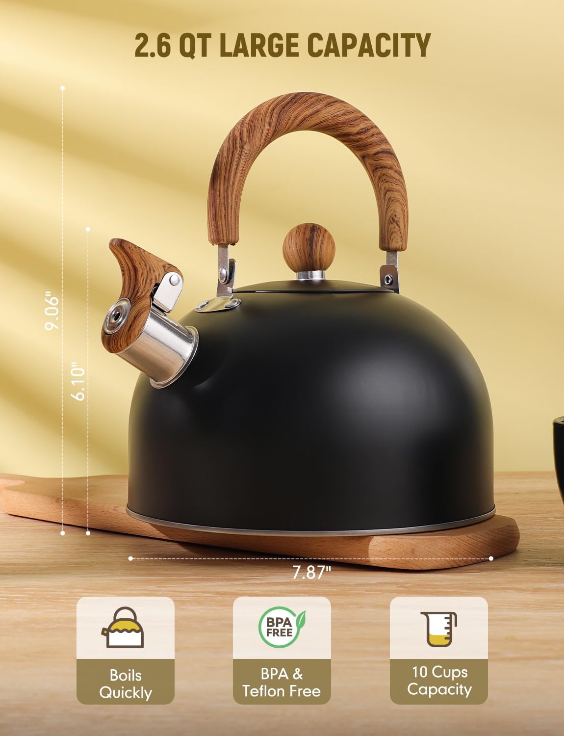Hervidor de té Whistling para estufa, tetera de acero inoxidable de grado quirúrgico con mango ergonómico que se mantiene fresco, tetera de