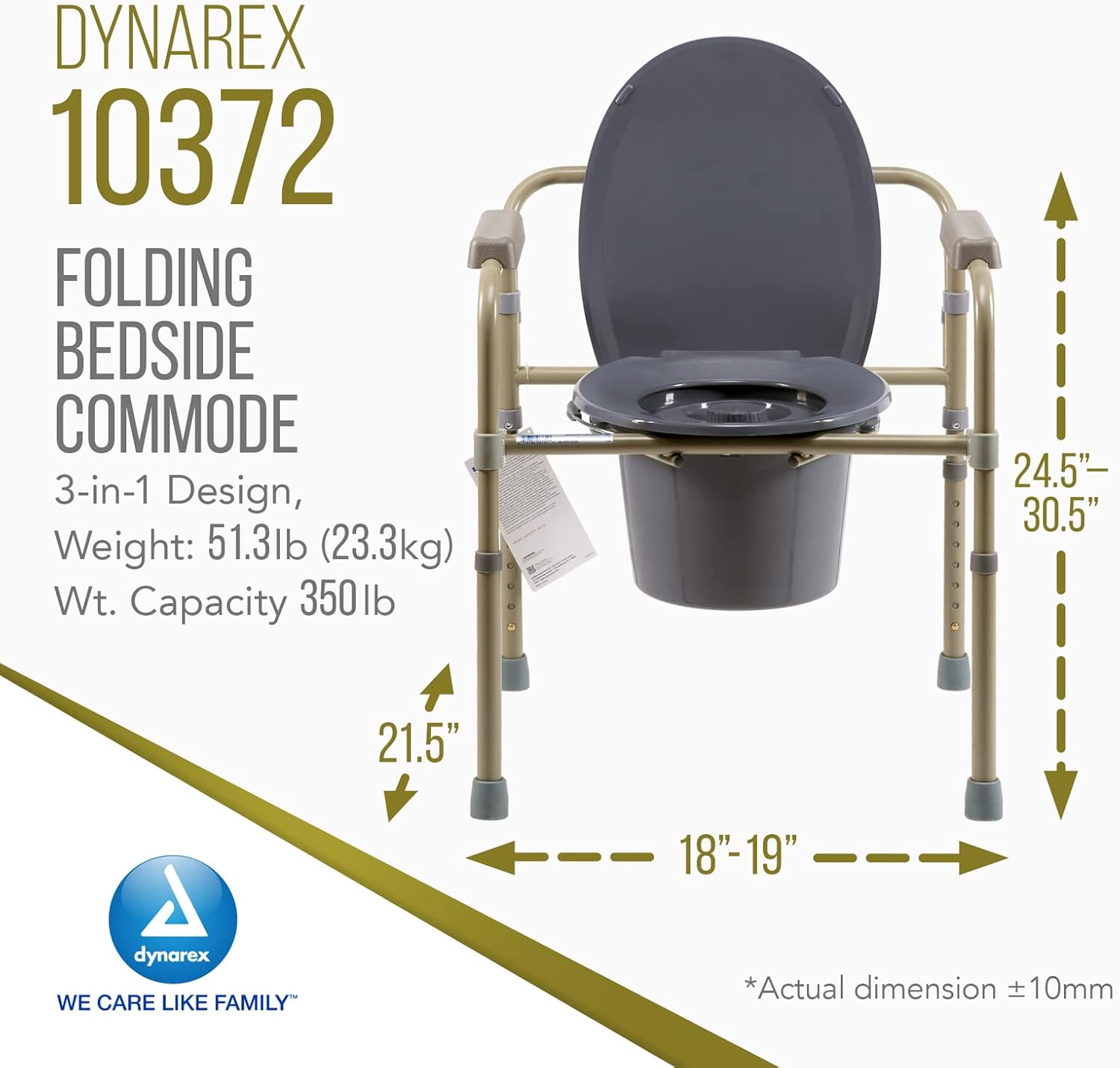 Dynarex Cómoda plegable para mesita de noche, silla de inodoro portátil 3 en 1 para ancianos y discapacitados, diseñada para uso independiente, como