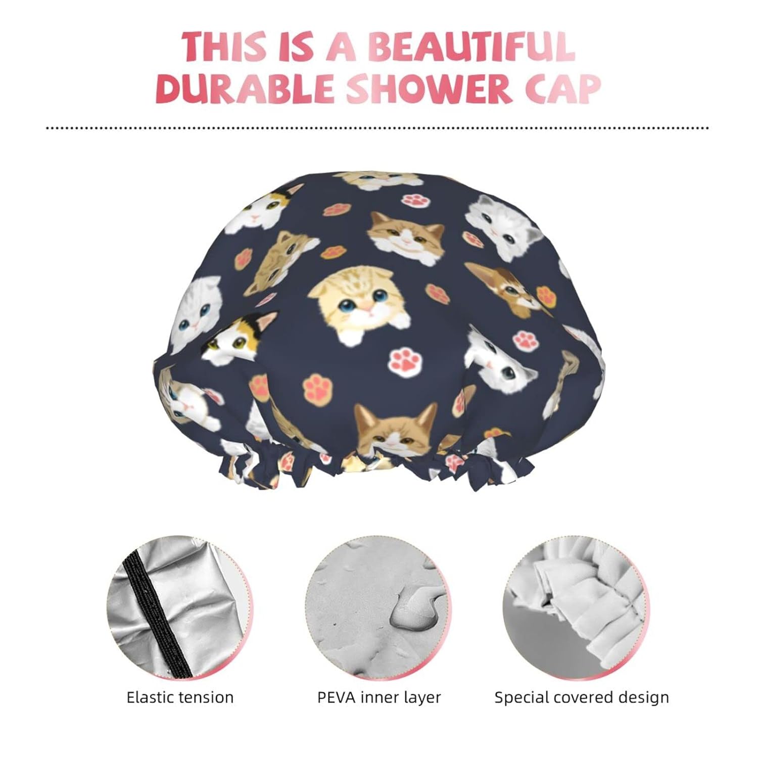 Gorro de ducha con diseño de pata de gato para mujer, gorro de ducha reutilizable e impermeable, doble capa con forro de Peva y banda elástica para