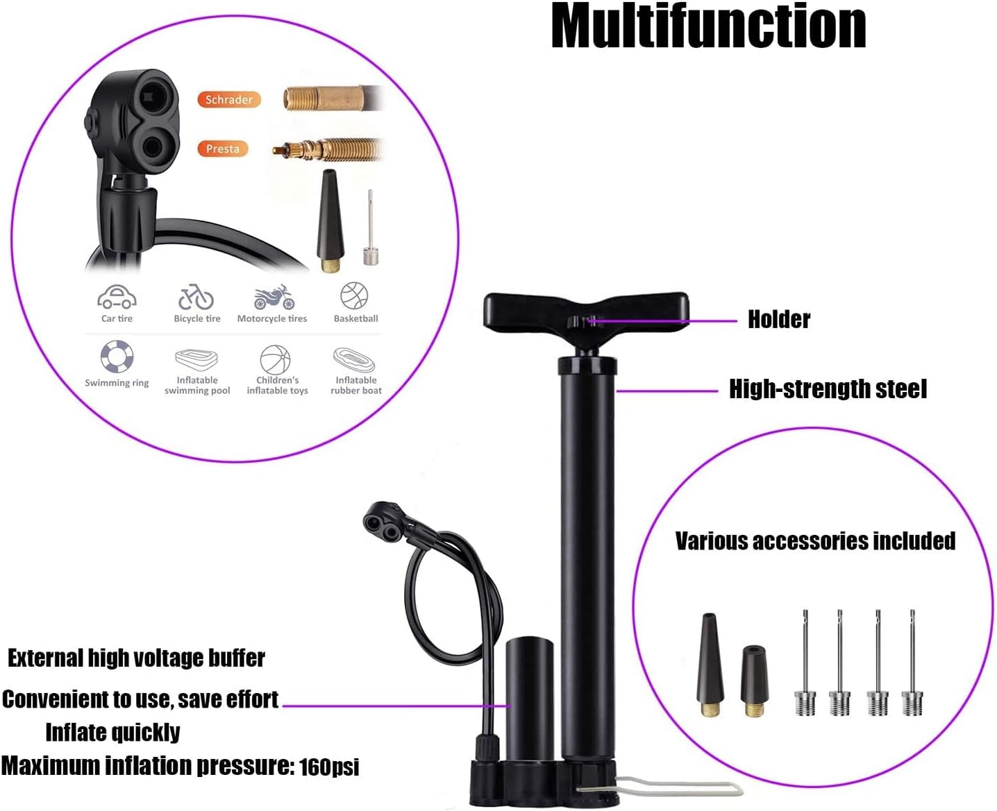 Bomba de bicicleta, bomba de piso para bicicleta, bomba de bola, bomba de aire de manómetro de alta presión de 160 PSI con válvula Presta y Schrader
