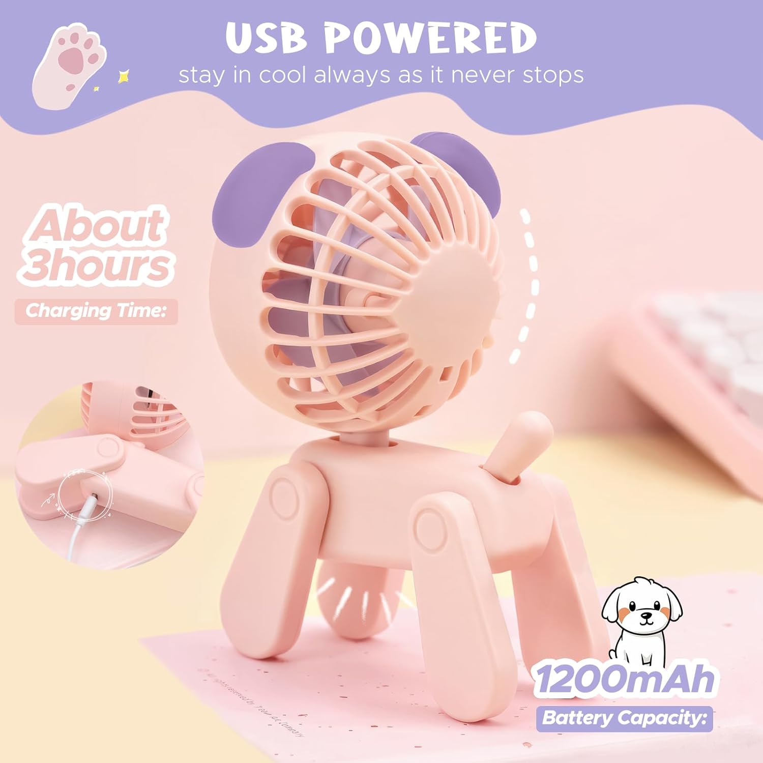 QearFun Ventilador de escritorio pequeño de 7 pulgadas, batería recargable USB, lindo ventilador plegable para cachorros, ventilador personal con 3