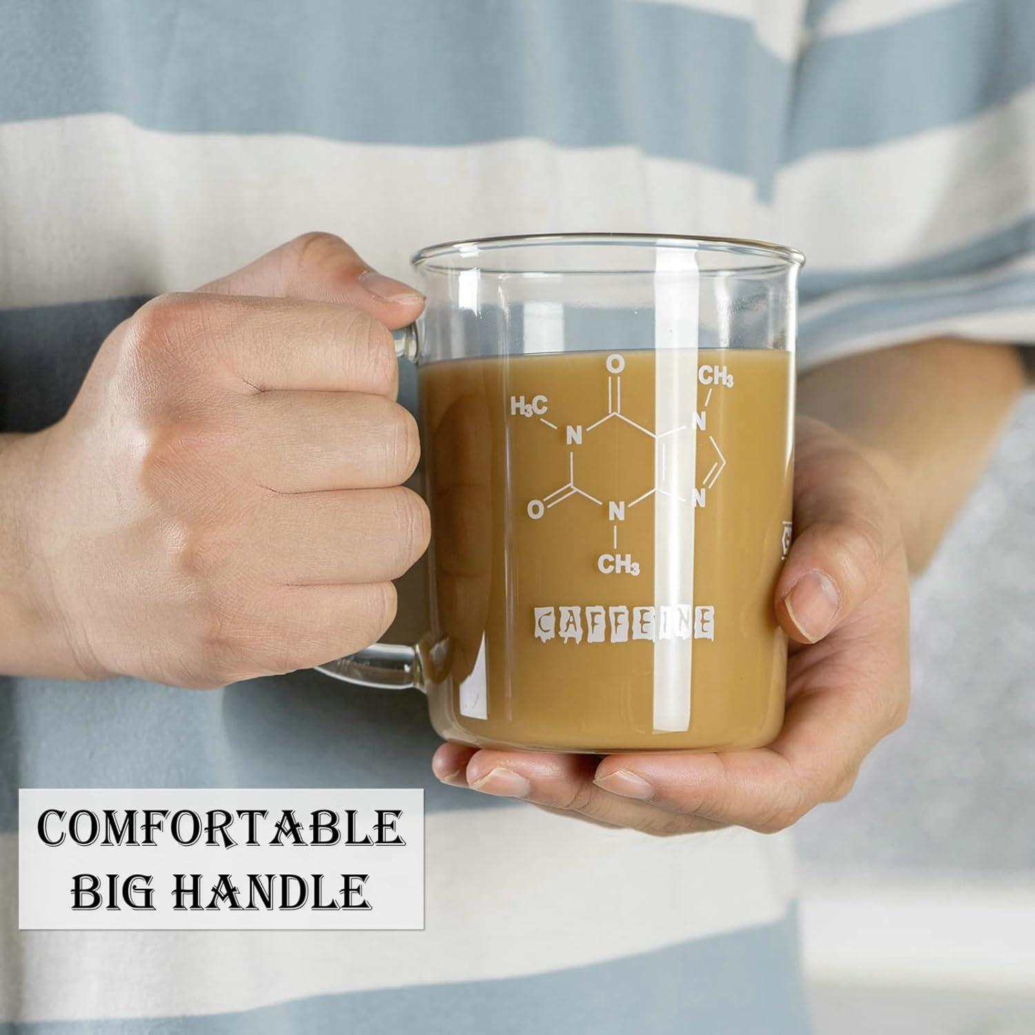 Taza de vaso de cafeína, taza de cafeína de borosilicato antigoteo de 16 onzas, tazas de café frescas con asa, taza de química, medición para café,