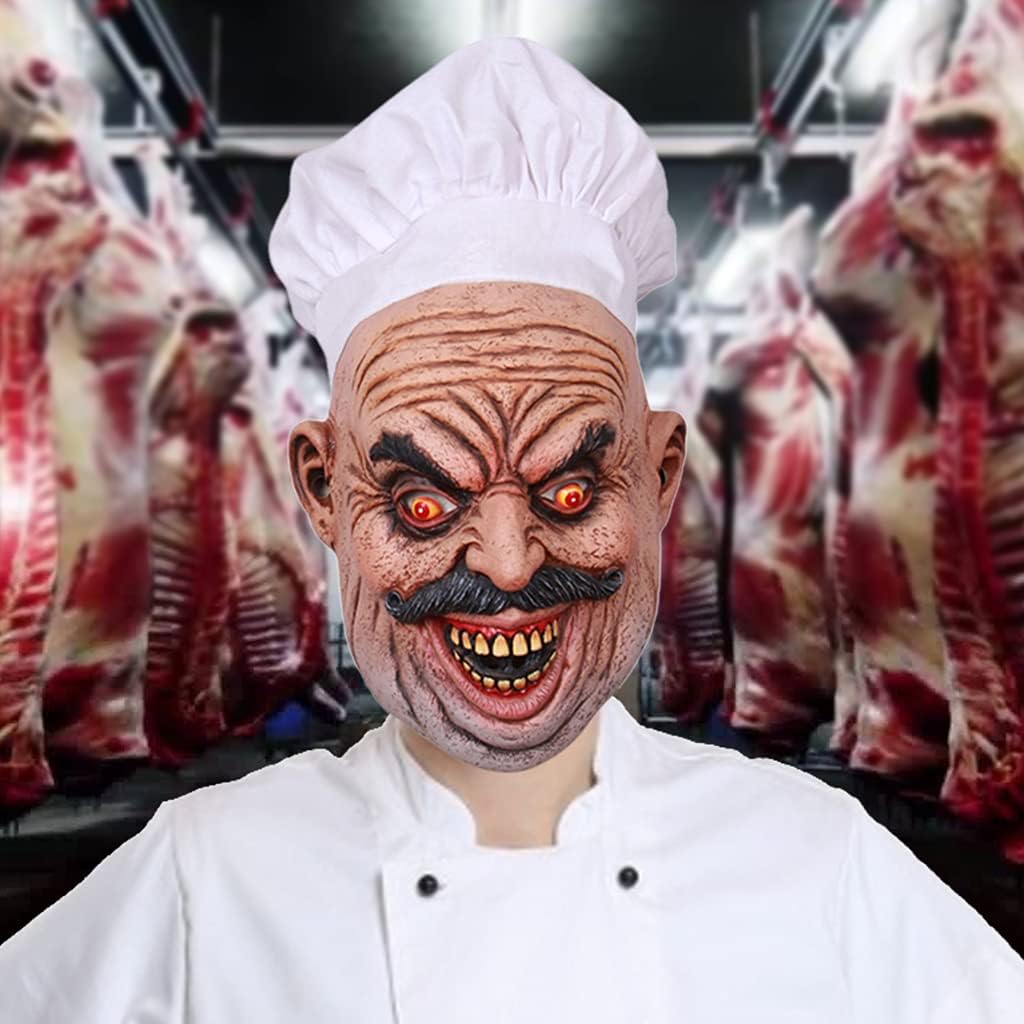 Yeahii Máscara realista de látex barbudo para chef, carnicero, Halloween, casa encantada, fantasma, mascarada, cosplay, accesorios aterradores