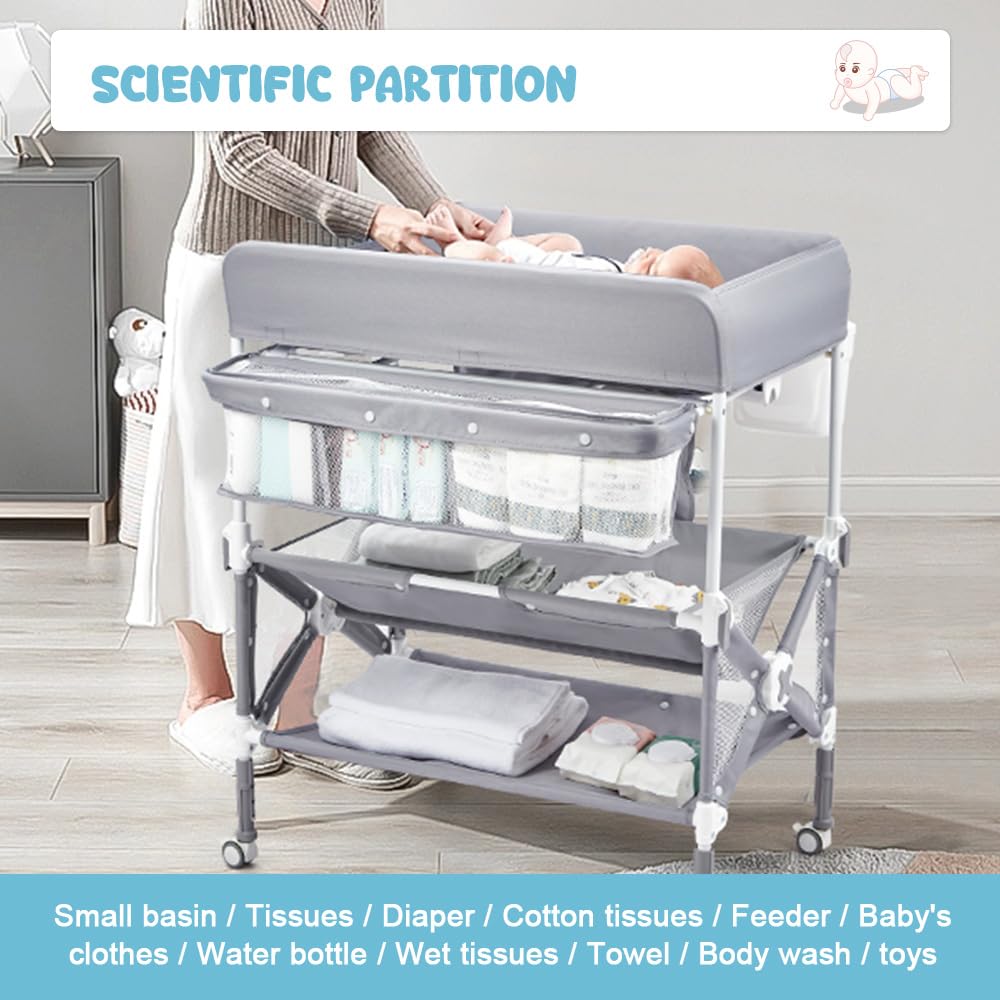Cambiador portátil para bebé, mesa de cambio de pañales plegable con ruedas, altura ajustable, cubo de limpieza, cambiador para bebé, organizador de