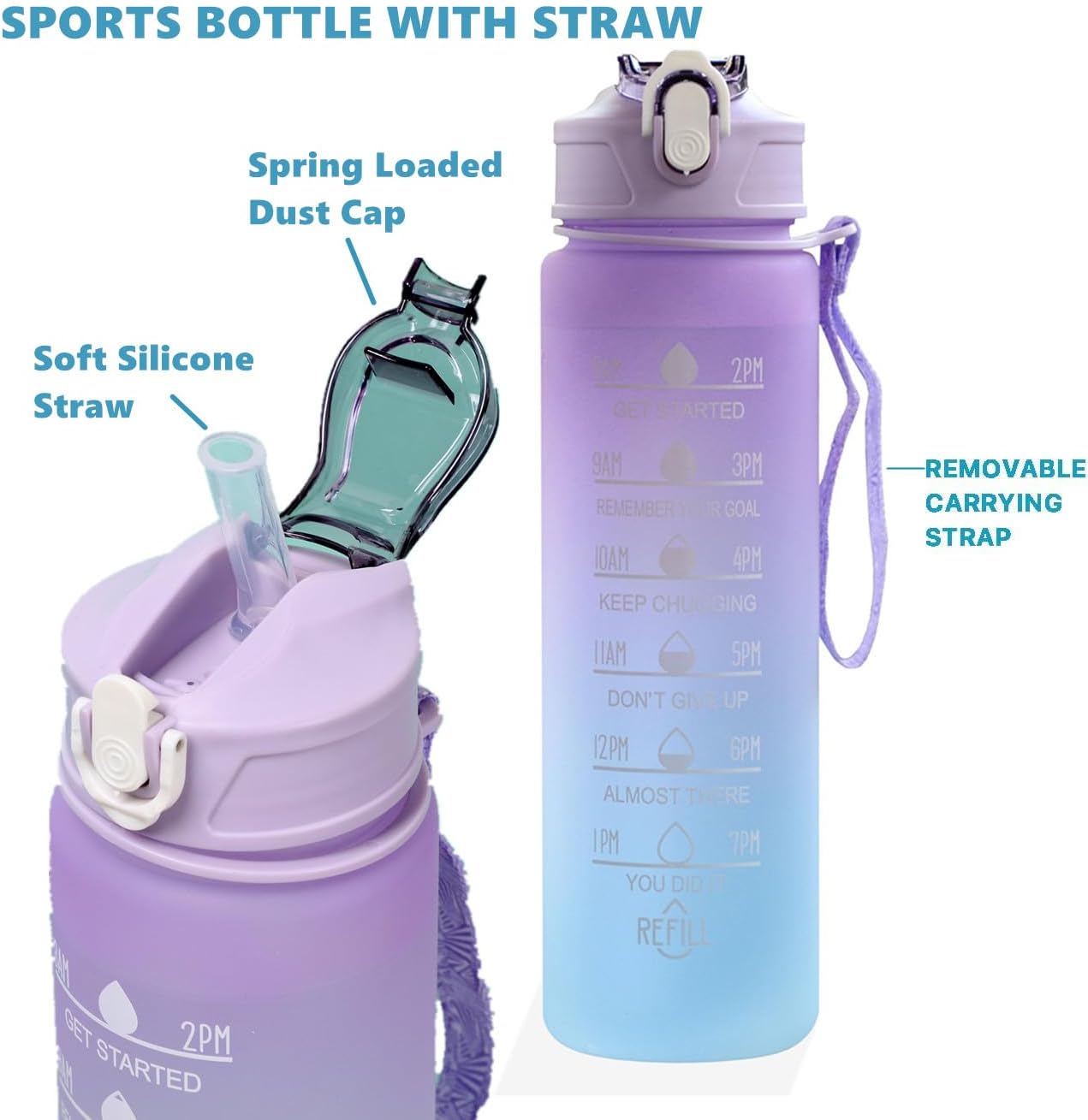 KITNOBLIS Botella de agua de 24 onzas con tiempos para beber y pajita, botellas de agua motivacionales con correa de transporte, a prueba de fugas