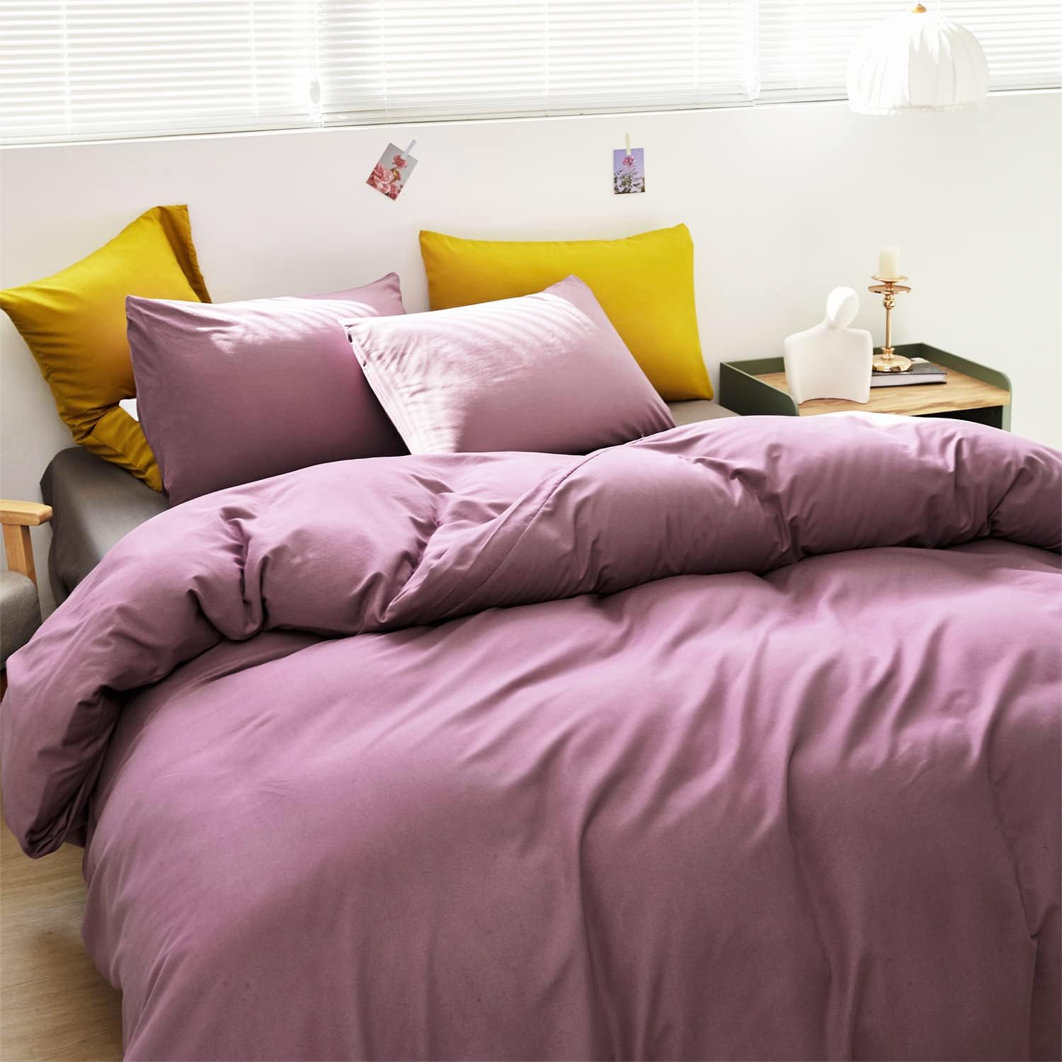 Wellboo – Juego de edredón de tamaño Queen para mujeres y niñas, color morado polvoriento y morado malva liso, ropa de cama de algodón para
