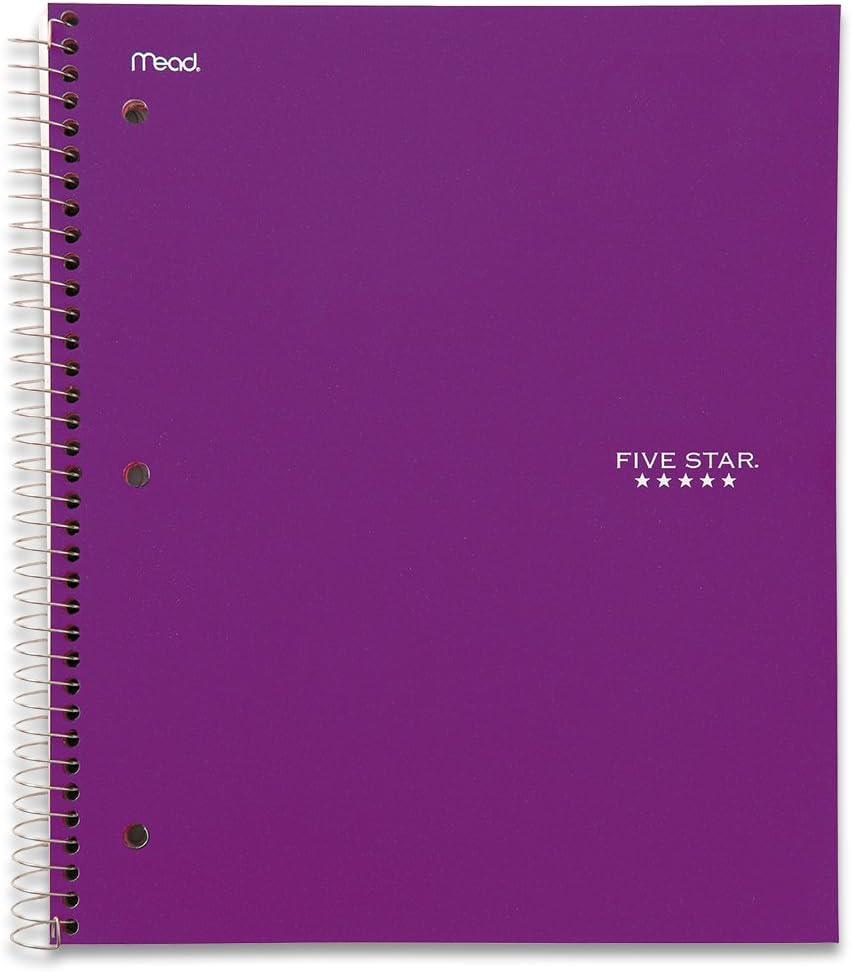 Five Star Cuaderno de espiral, 5 materias, rayado universitario, 11 x 8.5 pulgadas, morado