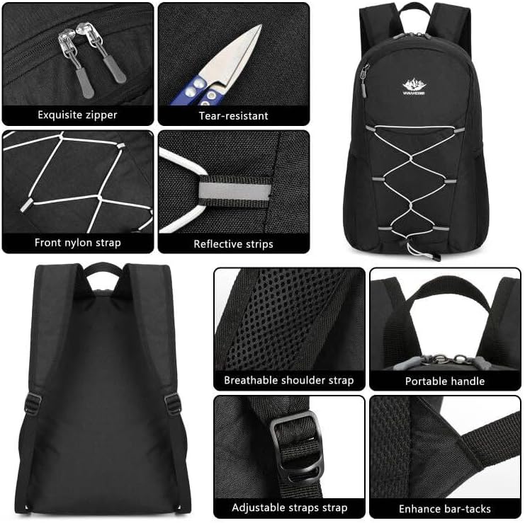 Mochila de senderismo ligera de 15 litros plegable pequeña mochila de viaje mochila de camping plegable para mujeres y hombres, Negro -, Mochilas de