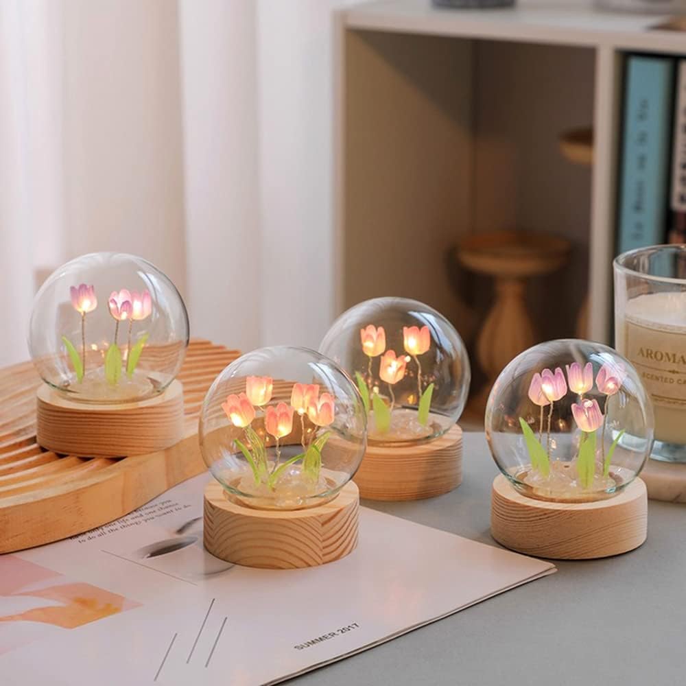 gors Lámpara de noche de tulipanes hecha a mano con pegamento, lámpara de noche LED, lámpara de mesa, lámpara de escritorio, decoración del