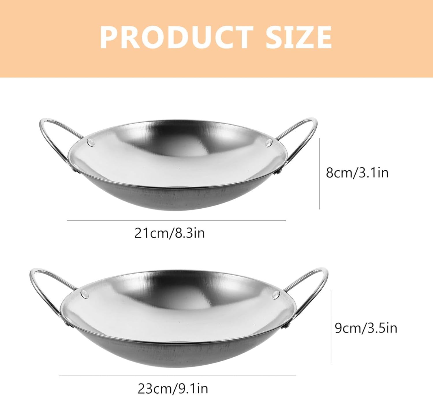 Kichvoe Wok Sartenes de acero inoxidable para freír Pow Stir Fry 2 piezas de fondo plano para uso diario con doble asa olla de cocina para placa de