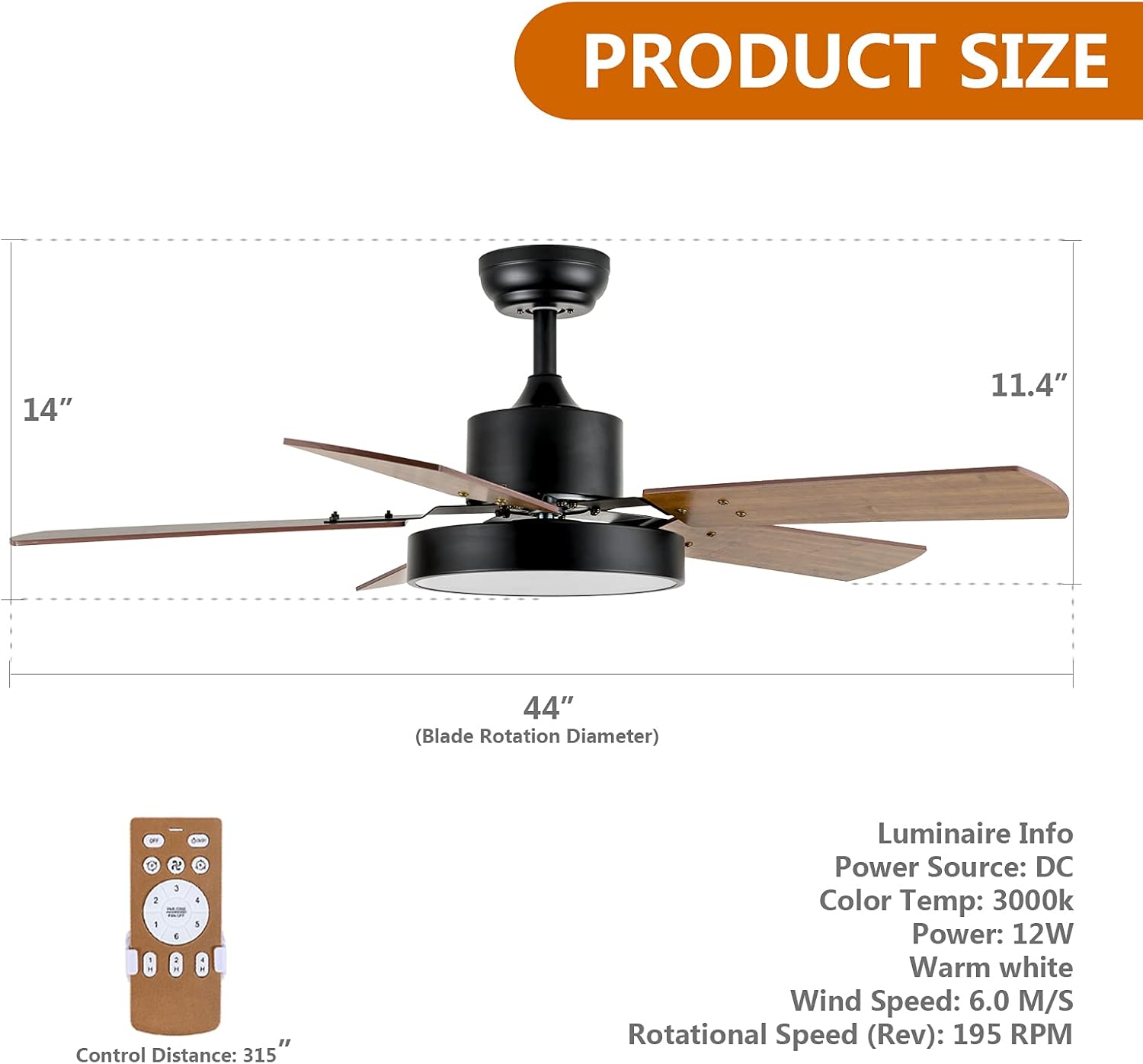 Simple Deluxe Ventiladores de techo de 44 pulgadas con luces y control remoto, ventiladores de techo para exteriores para patios con luz, ventilador