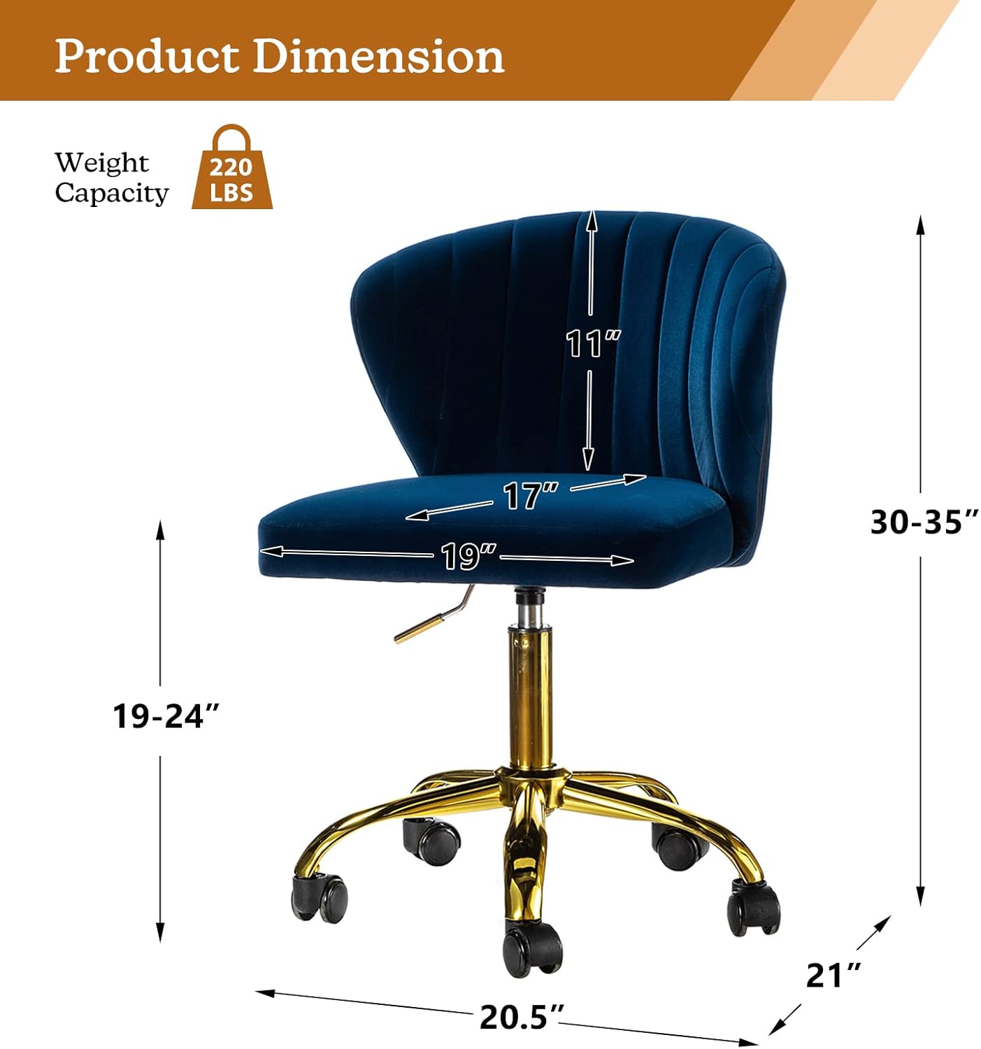 TINA’S HOME Sillas de escritorio de oficina con ruedas y base dorada, moderna silla de oficina sin brazos de terciopelo, silla giratoria ajustable