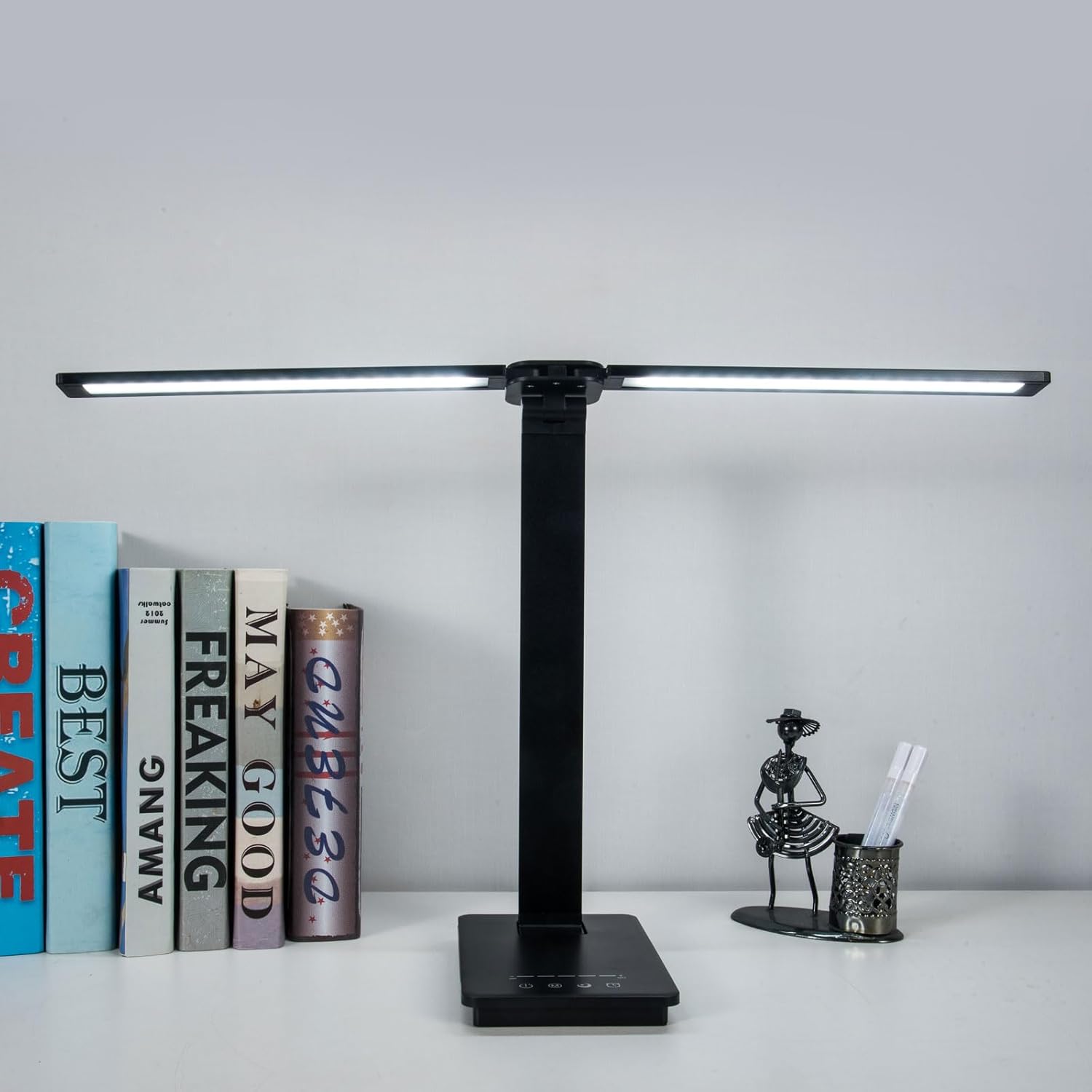 Lámpara de escritorio LED de doble brazo oscilante, regulable, lámpara de mesa plegable ajustable con puerto de carga USB, lámpara de tareas de