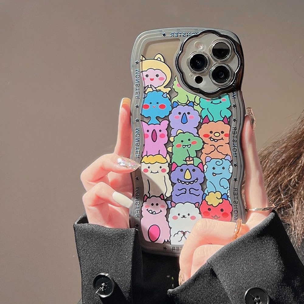 LOLAGIGI Funda negra para iPhone 13 Pro Max con forma de marco de onda rizada de monstruos de dibujos animados Kawaii, diseño femenino de dibujos