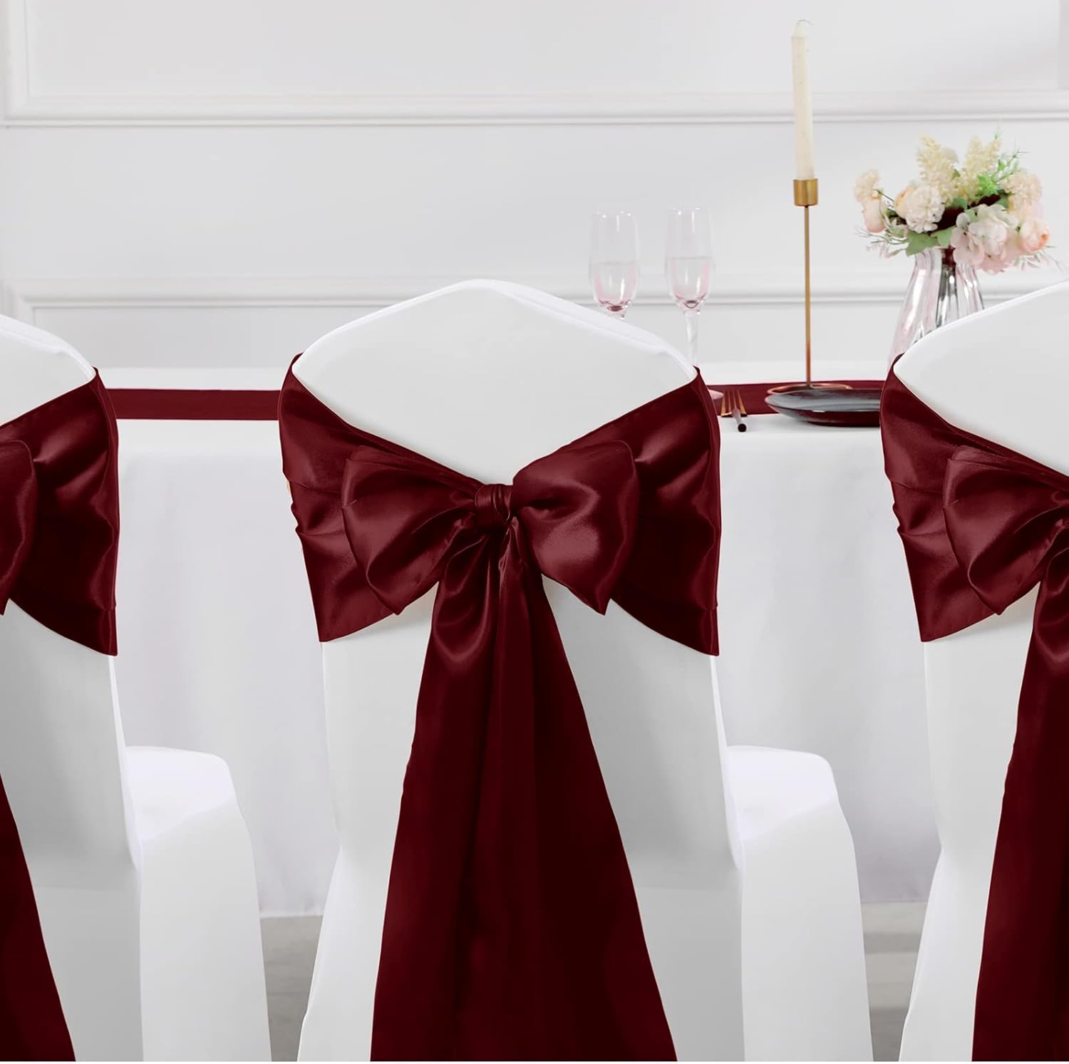 24 caminos de mesa color granate satinado  12 x 108 pulgadas de largo, camino de mesa para fiesta, decoración brillante y suave, decoración de boda,
