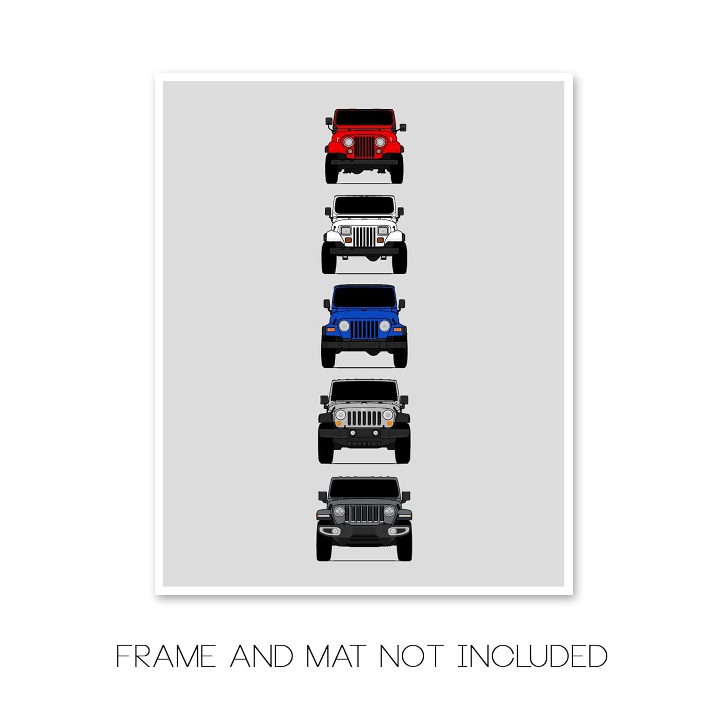 Jeep Wrangler Generations Inspired Car Poster – Handmade Print of CJ, YJ, TJ, JK, JL – American, 17×22″ Metallic Print (Unframed) – Perfect Gift for