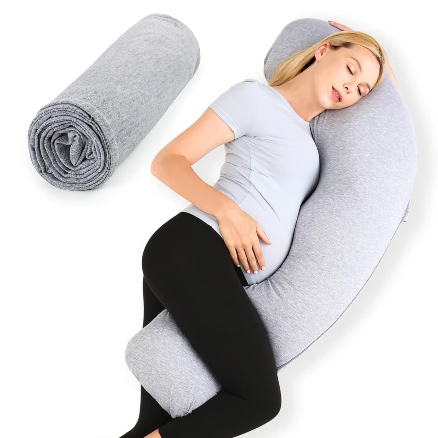 Momcozy Almohadas de embarazo en forma de J con funda de repuesto, almohada corporal de maternidad para embarazo, almohada de embarazo suave para