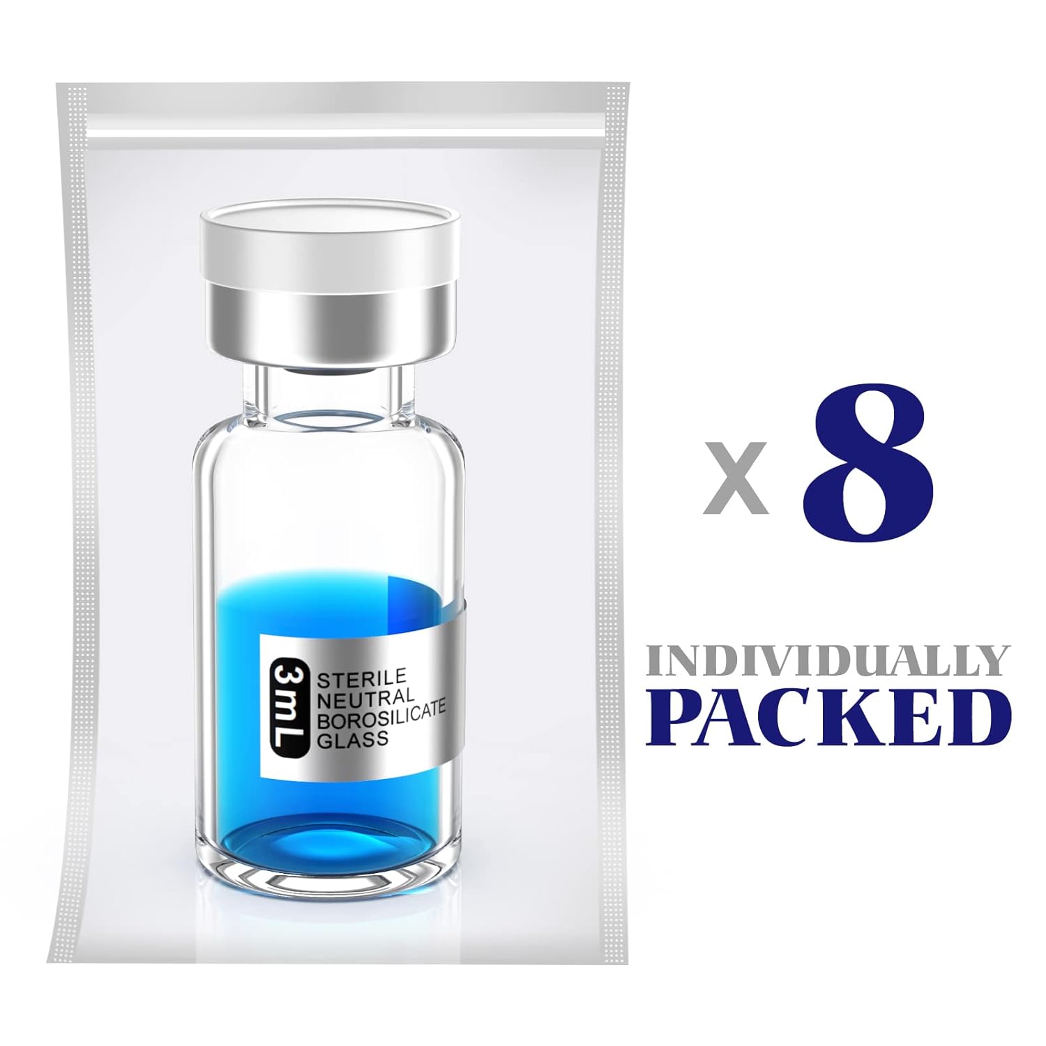 Vial estéril vacío sellado con tapón de goma de butilo y cierre superior, tubo de vidrio de borosilicato tipo 1, empaquetado individualmente (0.1 fl