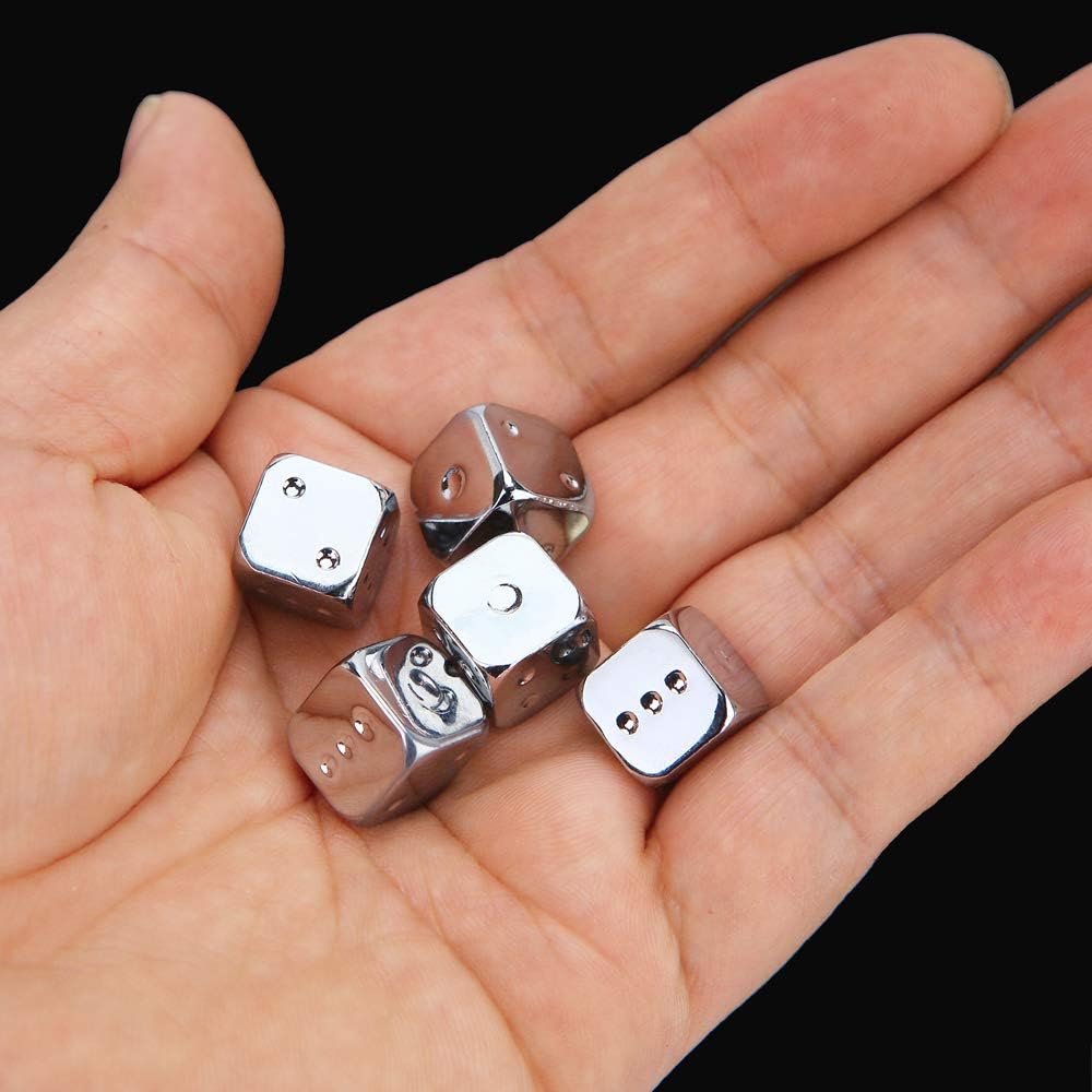 Juego de dados poliédricos de aleación de zinc para juego de mesa, aprendizaje de matemáticas, 5 piezas de 6 caras de 0.512 in (plateado)