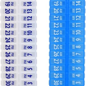 Juego de planificador mensual de pastilleros dos veces al día, organizador de medicamentos AM y PM durante 31 días. El juego contiene 2 Juego de planificador mensual de pastilleros dos veces al día, organizador de medicamentos AM y PM durante 31 días. El juego contiene 2