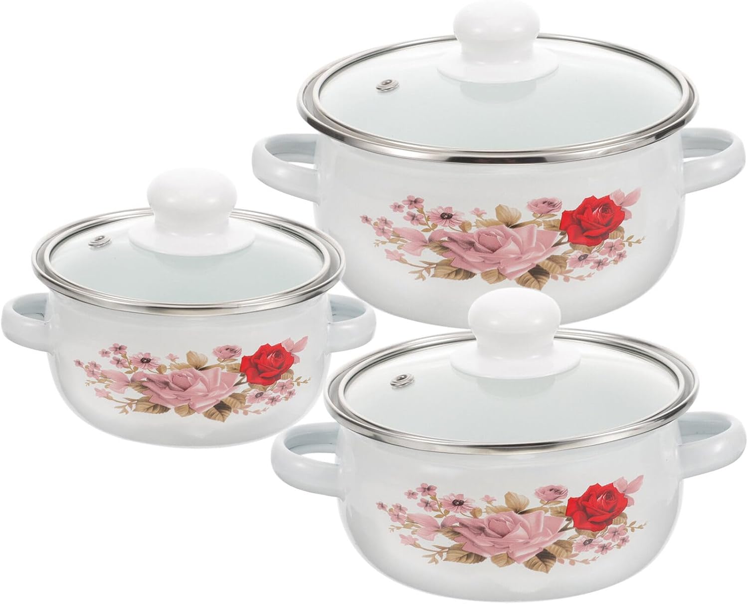 HEMOTON Utensilios de cocina esmaltados para camping, paquete de 3 ollas antiadherentes con tapa, olla de sopa esmaltada con asas que se mantienen