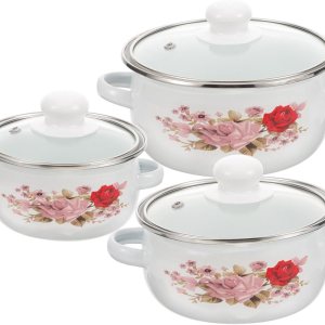 HEMOTON Utensilios de cocina esmaltados para camping, paquete de 3 ollas antiadherentes con tapa, olla de sopa esmaltada con asas que se mantienen HEMOTON Utensilios de cocina esmaltados para camping, paquete de 3 ollas antiadherentes con tapa, olla de sopa esmaltada con asas que se mantienen