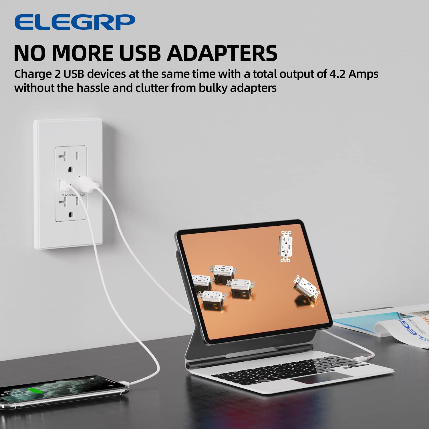 ELEGRP Cargador USB de pared con puertos USB tipo A y tipo C, enchufe dúplex de 20 amperios resistente a manipulaciones, placa de pared incluida,